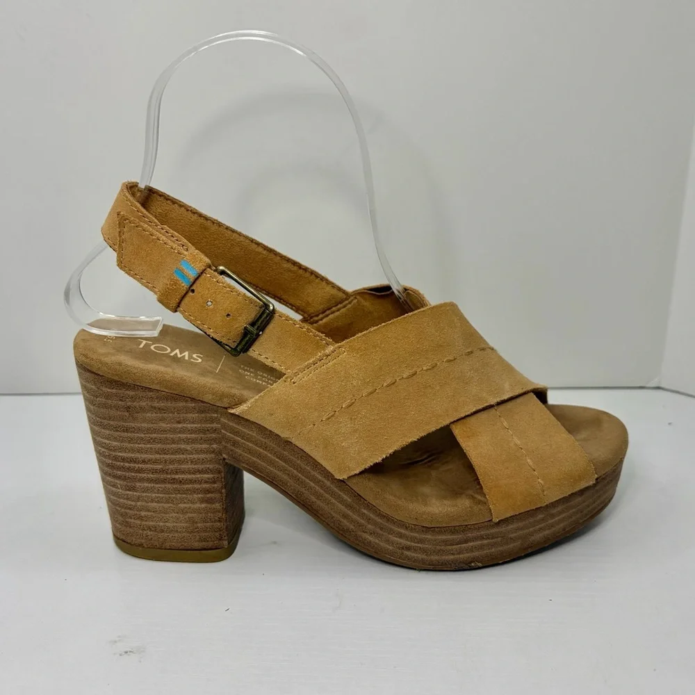 TOMS Ibiza Honey Suede Tan Platform Heel Sandals Size 6 1/2
